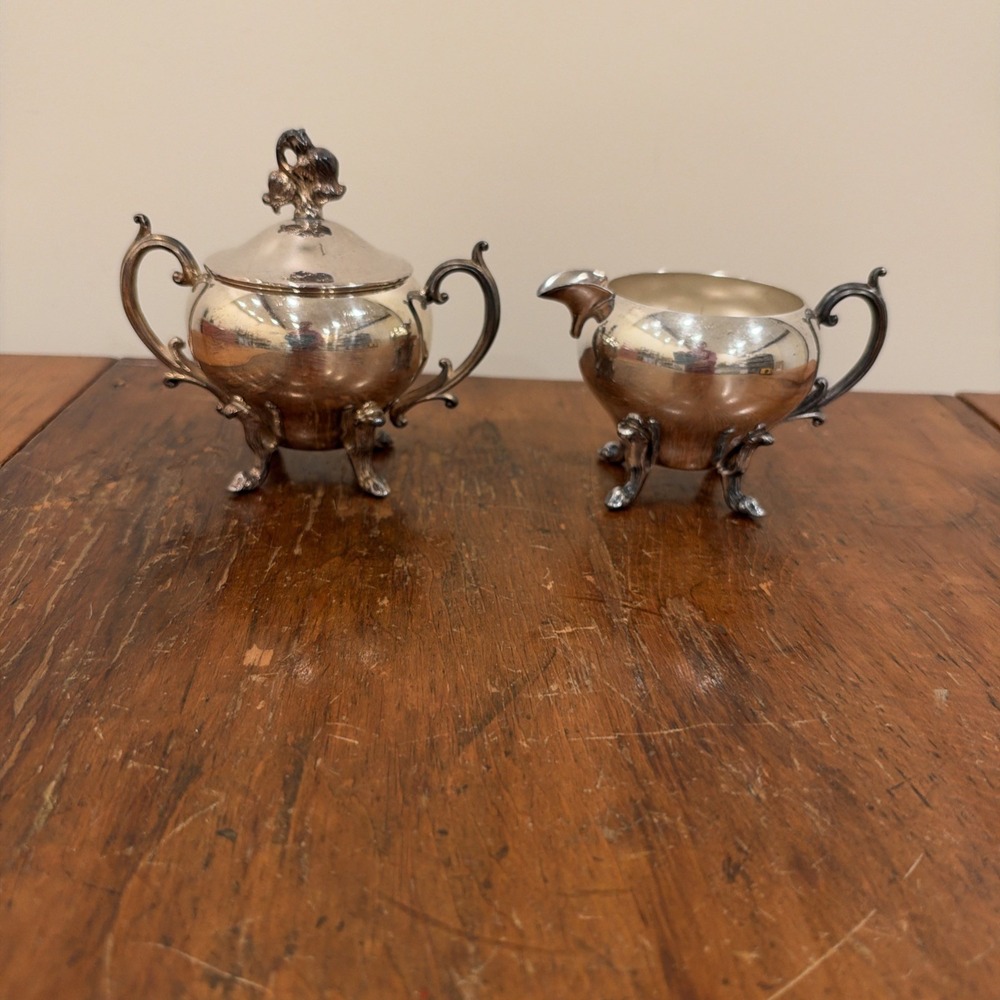 BSC Silver plate 2 Piece Tea Set Made in England Creamer Sugar Bowl Lid, Marked